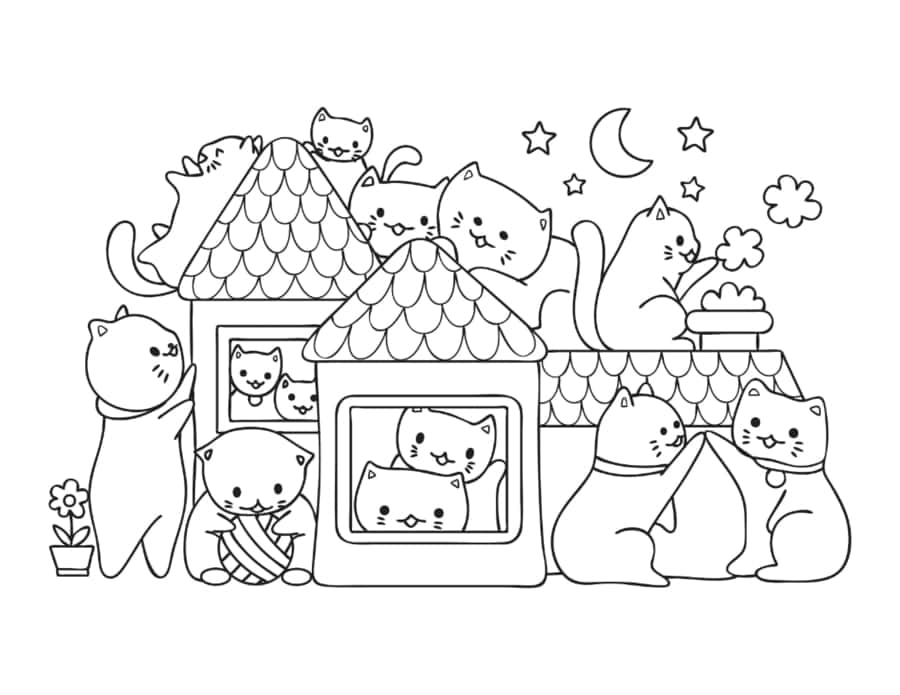 Cute Cartoon Playing House Cat Kids Coloring Pages Pdf Free Vectors